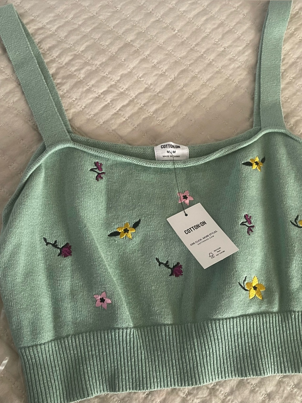 Cotton On Mint Green Floral Embroidered Knit Tank